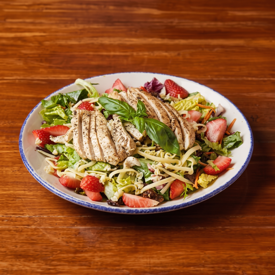 Grilled chicken salad with leafy greens, strawberries, shredded cheese, carrots, and basil served on a plate.
