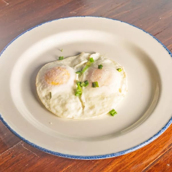 Two sunny-side-up eggs with chopped green onions on a white plate with a blue rim.