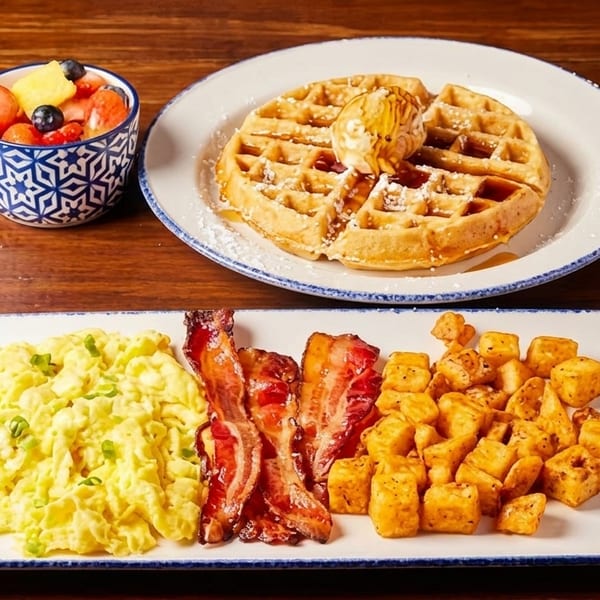 Full breakfast with scrambled eggs, bacon, home fries, a waffle with syrup, and fruit salad.
