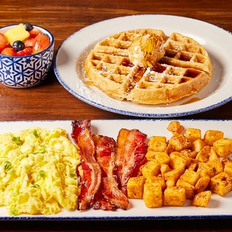 Full breakfast with scrambled eggs, bacon, home fries, a waffle with syrup, and fruit salad.