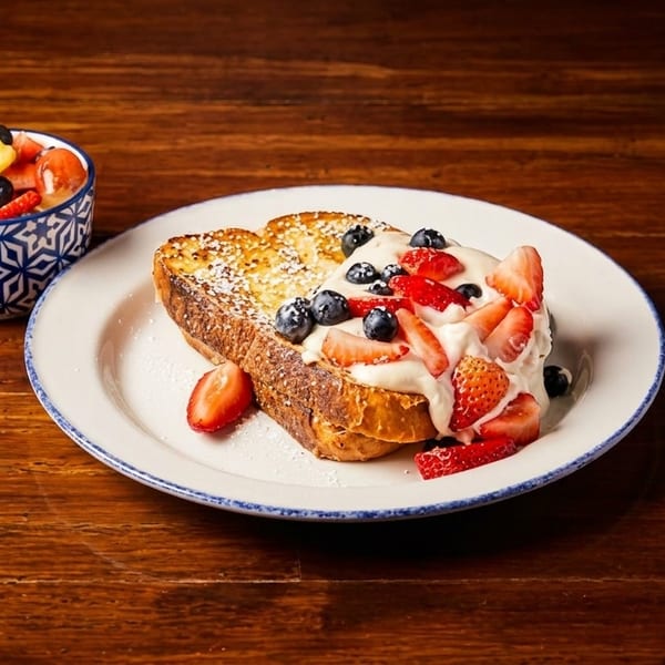 French toast topped with whipped cream, strawberries, blueberries, and a side of fruit salad.